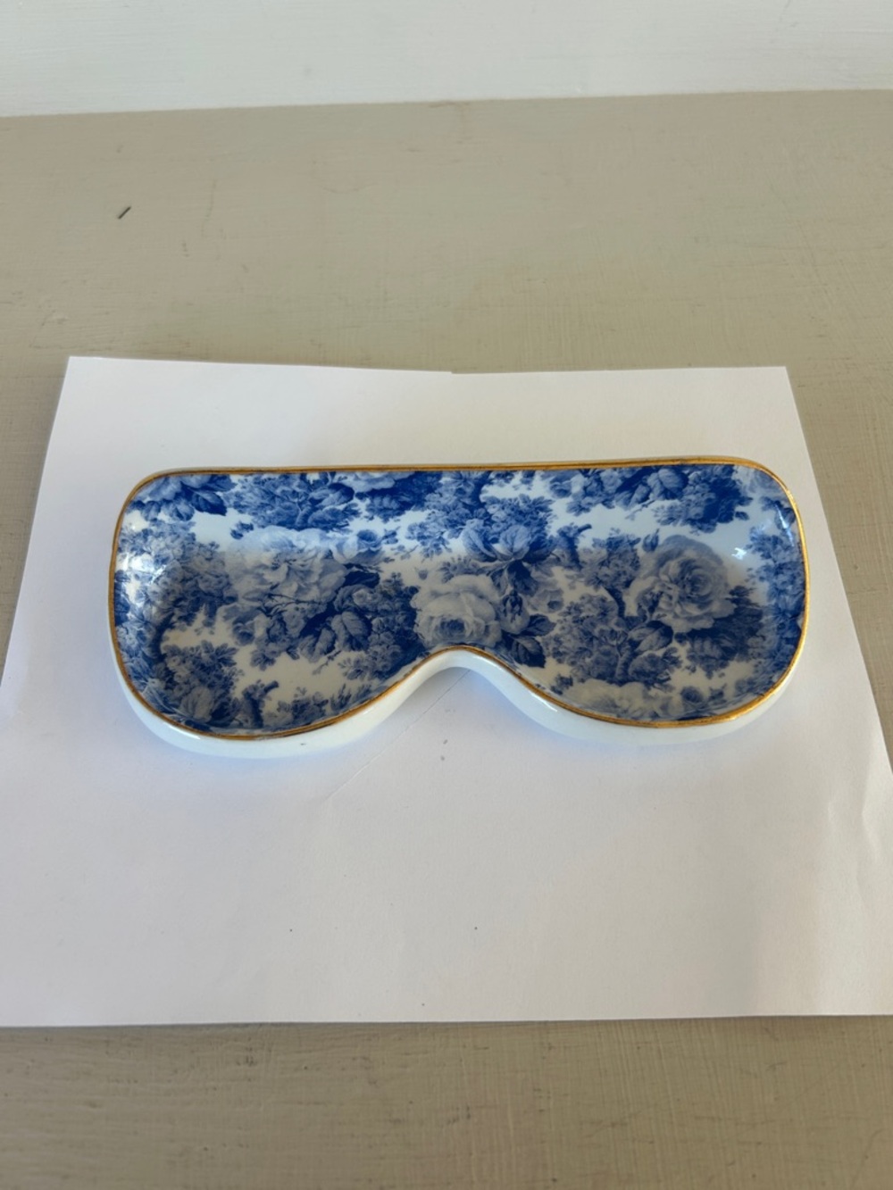Blue Floral Porcelain Glasses Tray with Gold Trim for Vanity or Bedside